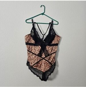 Leopard Print Lace Bodysuit in Beige and Black Sz L